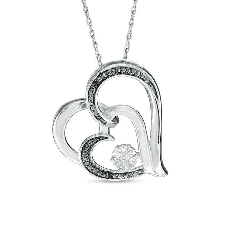 Enhanced Black and White Diamond Accent Double Heart Pendant in Sterling Silver