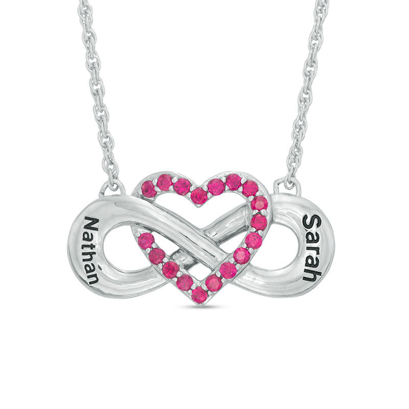 Couple's Simulated Birthstone Heart with Infinity Necklace in Sterling Silver (1 Stone and 2 Names)|Peoples Jewellers