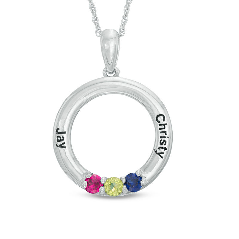 Mother's Simulated Birthstone Circle Pendant in Sterling Silver (3 Stones and 2 Names)