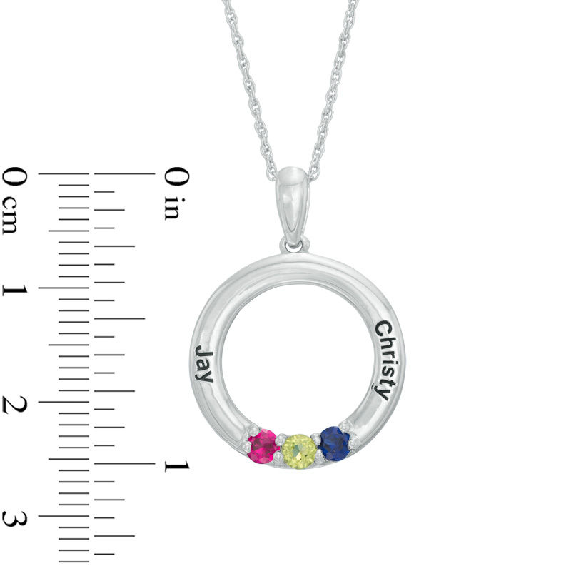 Mother's Simulated Birthstone Circle Pendant in Sterling Silver (3 Stones and 2 Names)