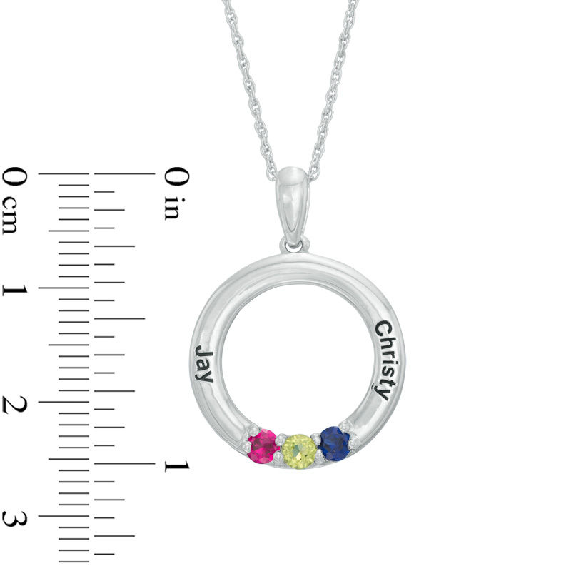 Main Image 2 of Mother's Simulated Birthstone Circle Pendant in Sterling Silver (3 Stones and 2 Names)