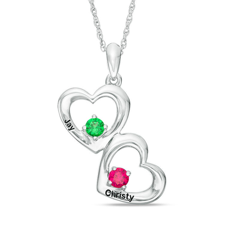 Couple's Simulated Birthstone Double Heart Pendant in Sterling Silver (2 Stones and Names)