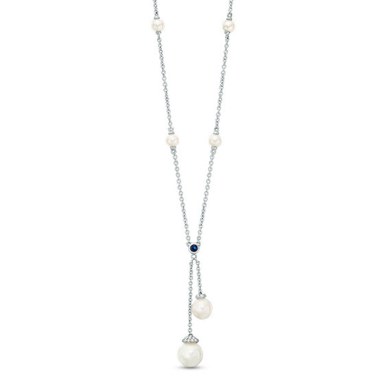 Vera Wang Love Collection Freshwater Cultured Pearl and 0.09 CT. T.W. Diamond Lariat Necklace in Sterling Silver-19"