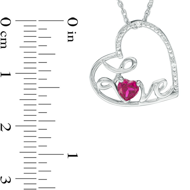 4.0mm Lab-Created Ruby and Diamond Accent Cursive "Love" Tilted Heart Pendant in Sterling Silver