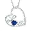 Thumbnail Image 0 of 4.0mm Lab-Created Blue Sapphire and Diamond Accent Cursive "Love" Tilted Heart Pendant in Sterling Silver