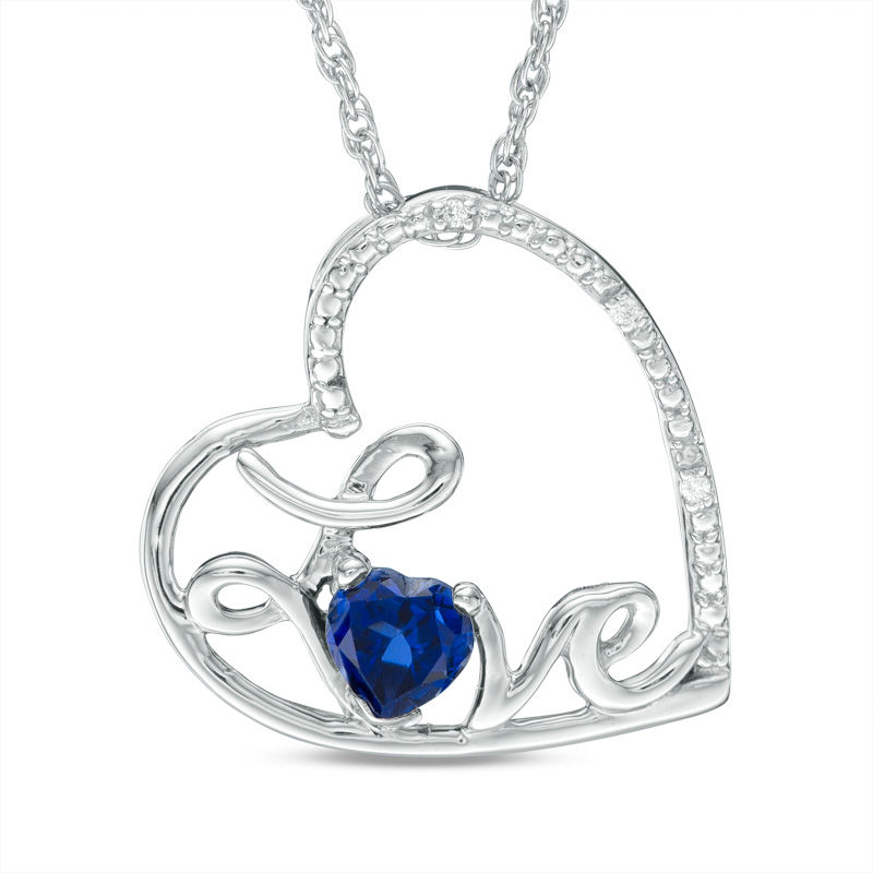 4.0mm Lab-Created Blue Sapphire and Diamond Accent Cursive "Love" Tilted Heart Pendant in Sterling Silver