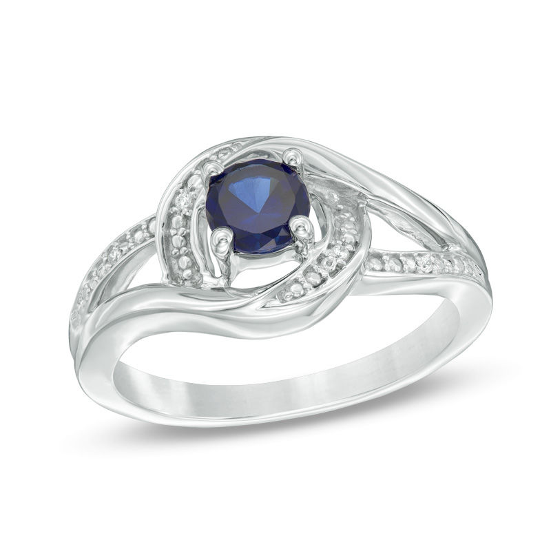 5.0mm Lab-Created Blue Sapphire and Diamond Accent Swirl Frame Split Shank Ring in Sterling Silver