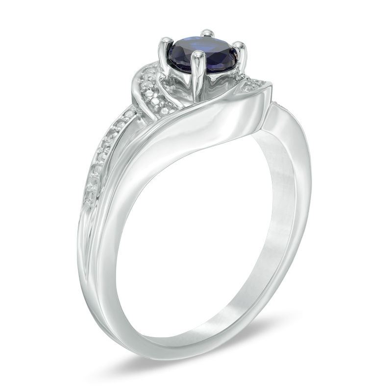 5.0mm Lab-Created Blue Sapphire and Diamond Accent Swirl Frame Split Shank Ring in Sterling Silver