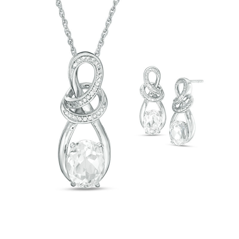 Oval Lab-Created White Sapphire and Diamond Accent Looping Infinity Pendant and Drop Earrings Set in Sterling Silver