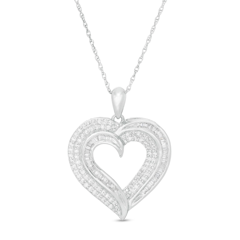 0.45 CT. T.W. Baguette and Round Diamond Heart Pendant in 10K White Gold