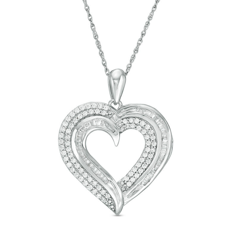 0.45 CT. T.W. Baguette and Round Diamond Heart Pendant in 10K Gold