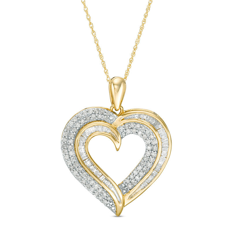 0.45 CT. T.W. Baguette and Round Diamond Heart Pendant in 10K Gold