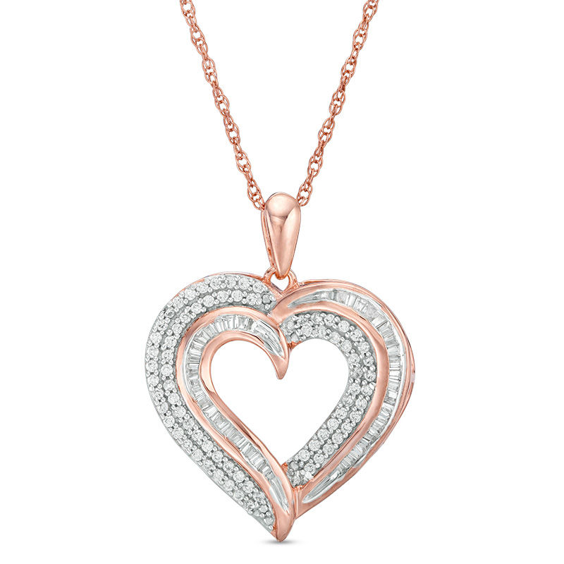 0.45 CT. T.W. Baguette and Round Diamond Heart Pendant in 10K Gold