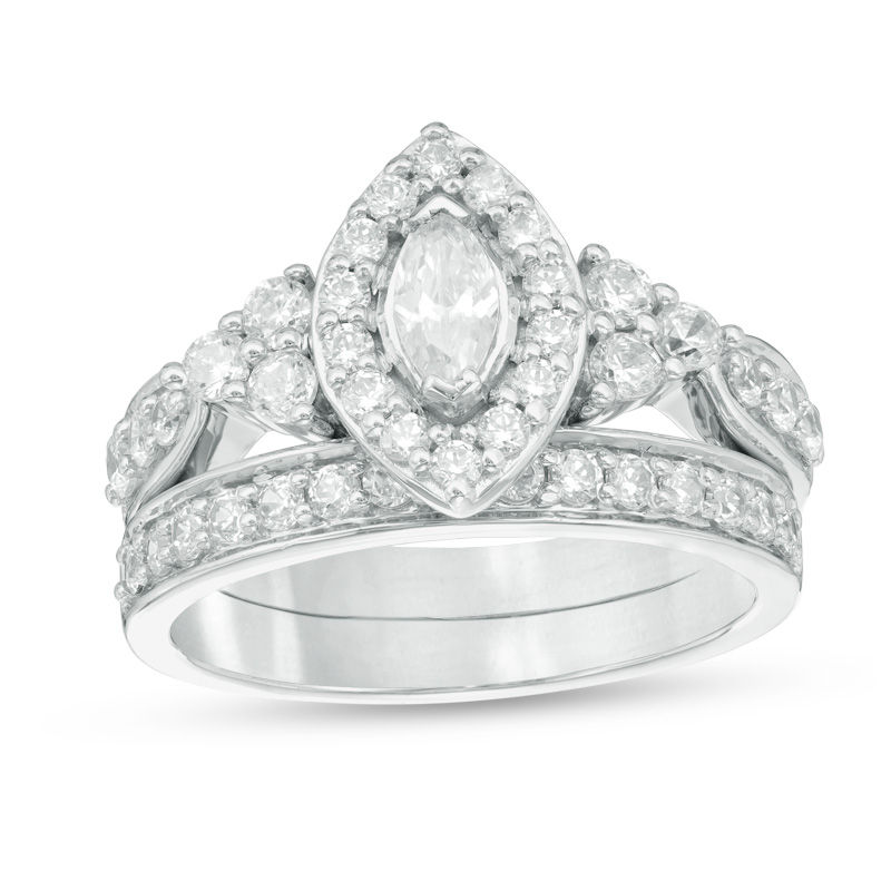 1.20 CT. T.W. Marquise Diamond Frame Tri-Sides Bridal Set in 10K White Gold
