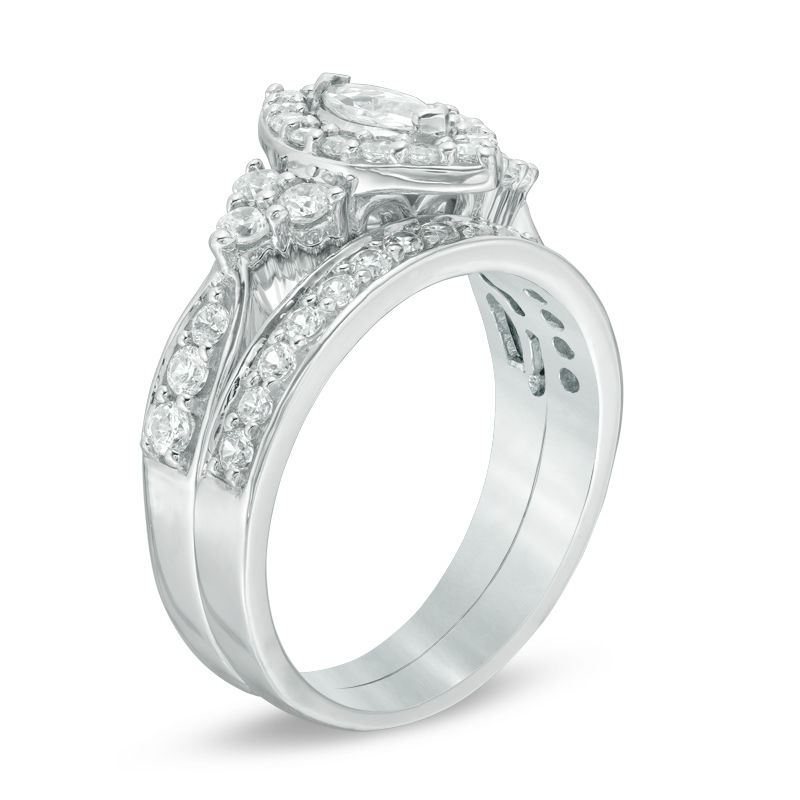 1.20 CT. T.W. Marquise Diamond Frame Tri-Sides Bridal Set in 10K White Gold