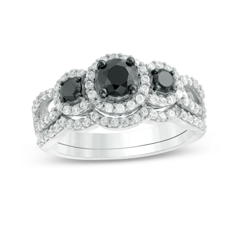 0.95 CT. T.W. Enhanced Black and White Diamond Three Stone Frame Bridal Set in 10K White Gold