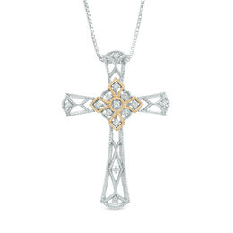 0.09 CT. T.W. Diamond Vintage-Style Cross Pendant in Sterling Silver and 14K Gold