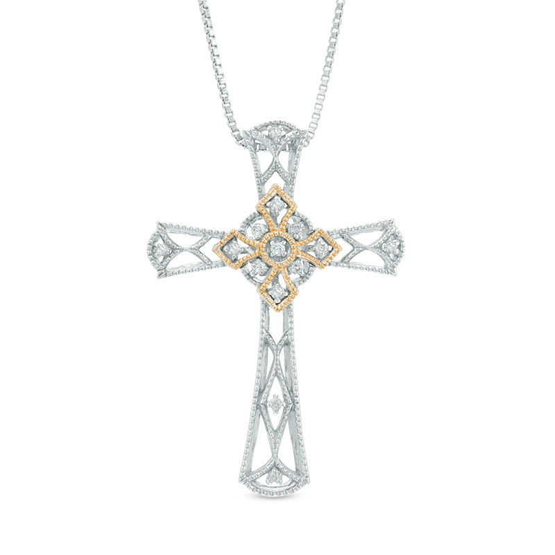 0.09 CT. T.W. Diamond Vintage-Style Cross Pendant in Sterling Silver and 14K Gold