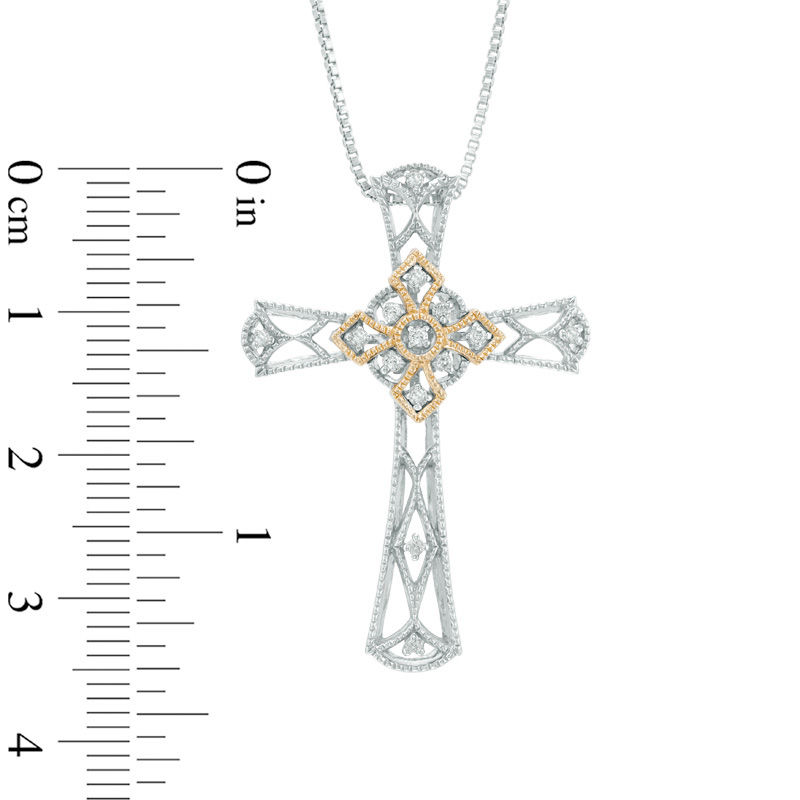 0.09 CT. T.W. Diamond Vintage-Style Cross Pendant in Sterling Silver and 14K Gold