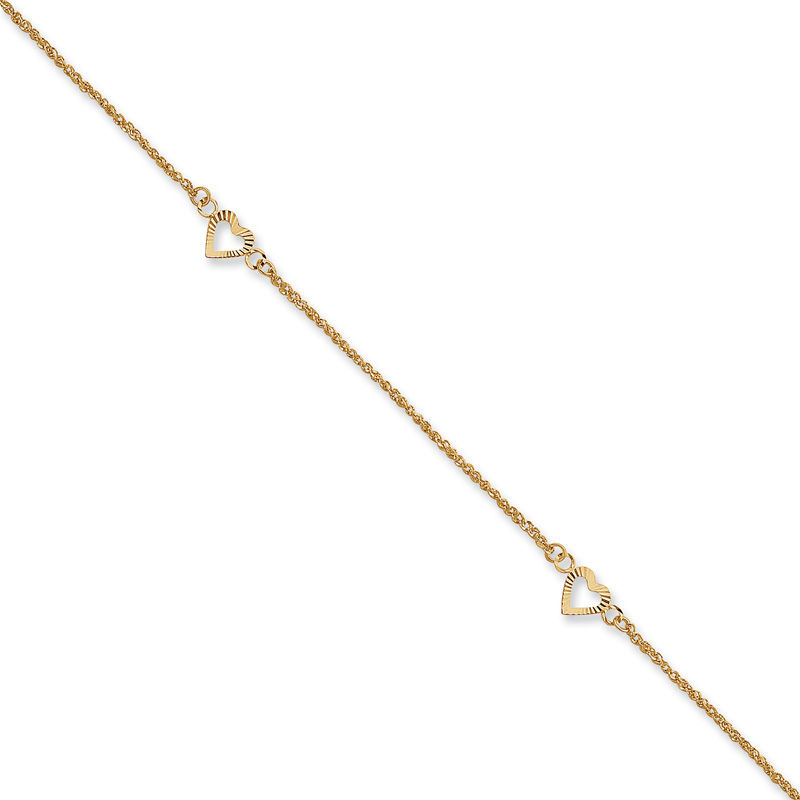 Diamond-Cut Heart Adjustable Anklet in 14K Gold - 10"