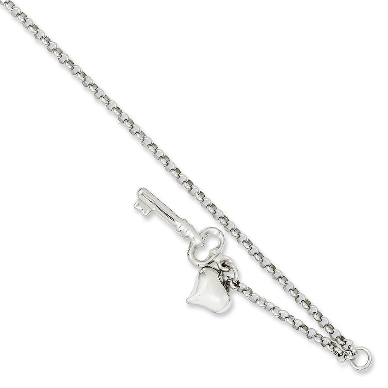 Heart Key Dangle Adjustable Anklet in 14K White Gold - 10"|Peoples Jewellers