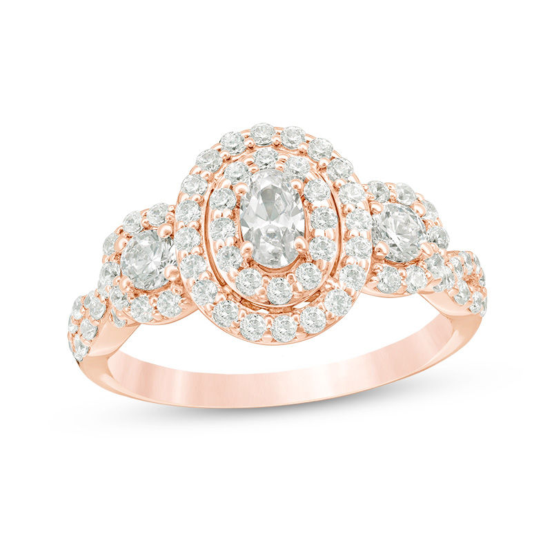 0.95 CT. T.W. Certified Oval Diamond Past Present Future® Frame Engagement Ring in 14K Rose Gold (I/I2)