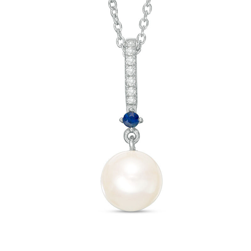 Vera Wang Love Collection Cultured Freshwater Pearl, Blue Sapphire and Diamond Accent Pendant in Sterling Silver - 19"