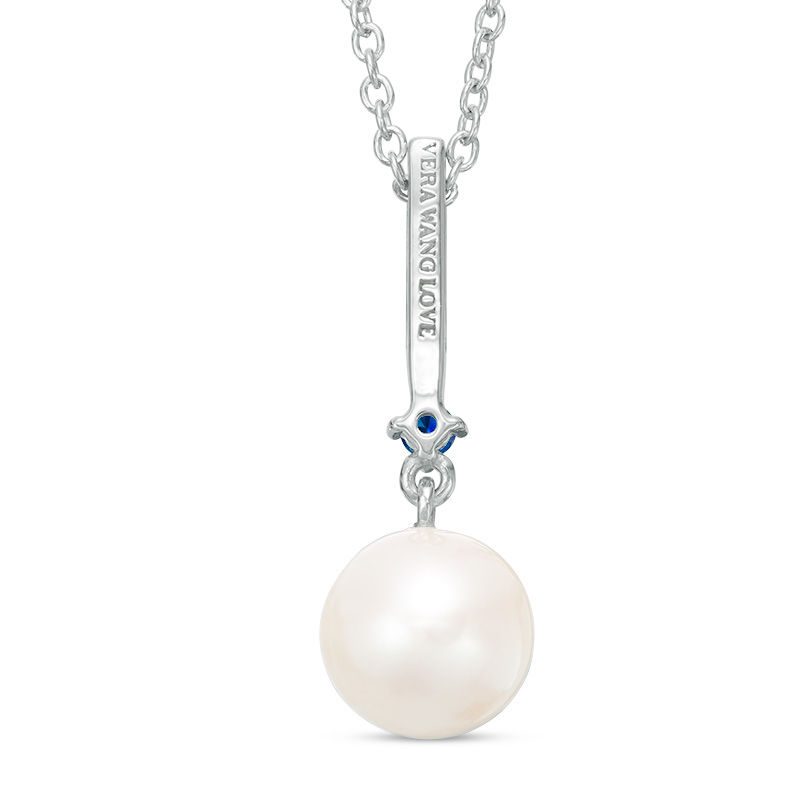 Vera Wang Love Collection Cultured Freshwater Pearl, Blue Sapphire and Diamond Accent Pendant in Sterling Silver - 19"