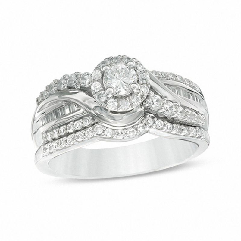 Main Image 1 of 0.75 CT. T.W. Diamond Crossover Frame Bridal Set in 14K White Gold