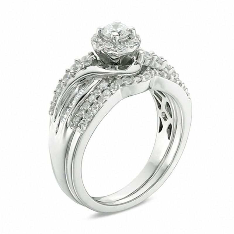 Main Image 2 of 0.75 CT. T.W. Diamond Crossover Frame Bridal Set in 14K White Gold