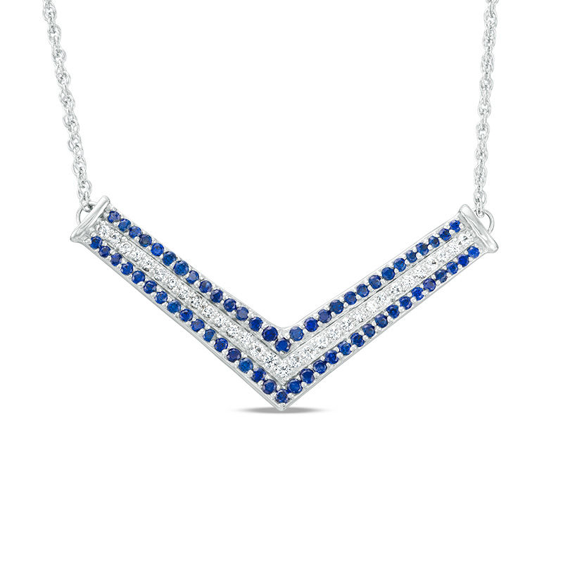 Lab-Created Blue and White Sapphire Chevron Necklace in Sterling Silver|Peoples Jewellers