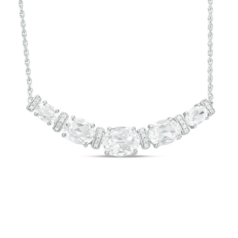 Oval Lab-Created White Sapphire and 0.09 CT. T.W. Diamond Graduated Five Stone Necklace in Sterling Silver|Peoples Jewellers