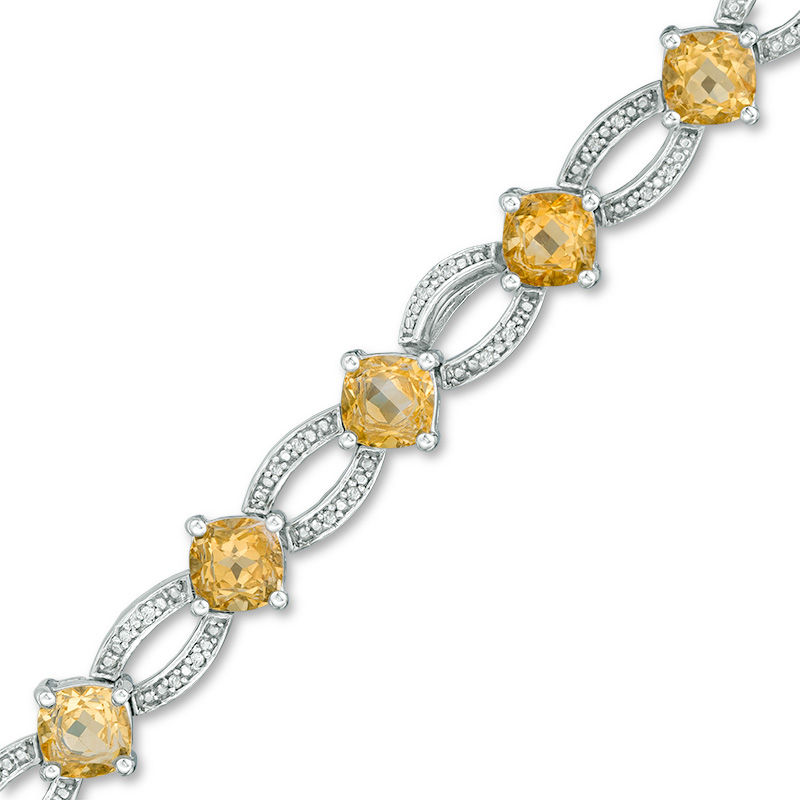5.0mm Cushion-Cut Citrine and 0.15 CT. T.W. Diamond Link Bracelet in Sterling Silver - 7.5"