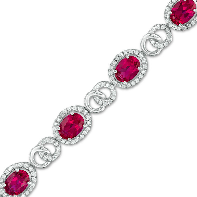 Main Image 1 of Oval Lab-Created Ruby and White Sapphire Bracelet in Sterling Silver - 7.25&quot;