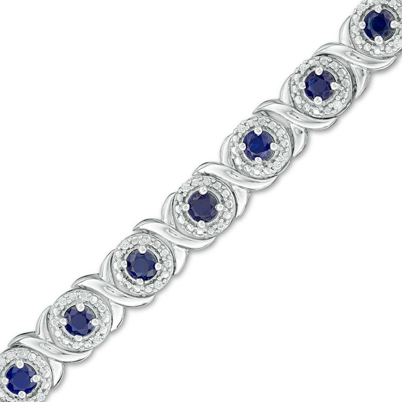 Lab-Created Blue Sapphire and 0.18 CT. T.W. Diamond Bracelet in Sterling Silver - 7.25"