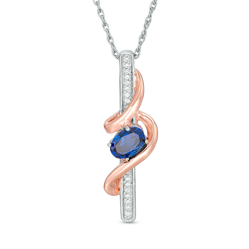 Oval Lab-Created Blue Sapphire and Diamond Accent Linear Swirl Pendant in Sterling Silver and 10K Rose Gold