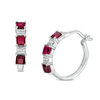 Thumbnail Image 1 of Princess-Cut Lab-Created Ruby and Diamond Accent Three Stone Hoop Earrings in Sterling Silver