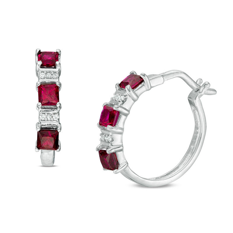 Princess-Cut Lab-Created Ruby and Diamond Accent Three Stone Hoop Earrings in Sterling Silver