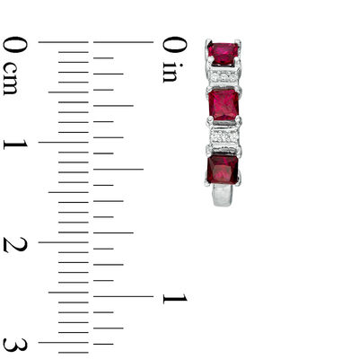 Princess-Cut Lab-Created Ruby and Diamond Accent Three Stone Hoop Earrings in Sterling Silver