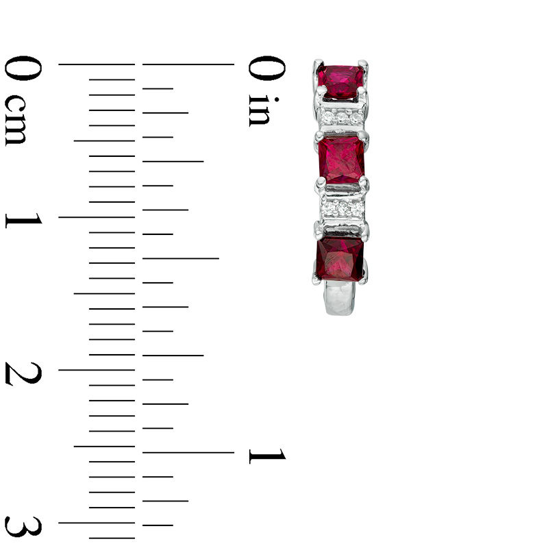 Main Image 2 of Princess-Cut Lab-Created Ruby and Diamond Accent Three Stone Hoop Earrings in Sterling Silver