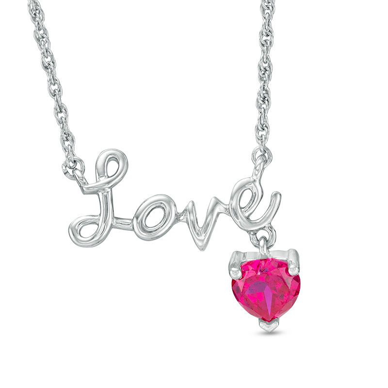 6.0mm Heart-Shaped Lab-Created Ruby Charm and Cursive "Love" Necklace in Sterling Silver|Peoples Jewellers