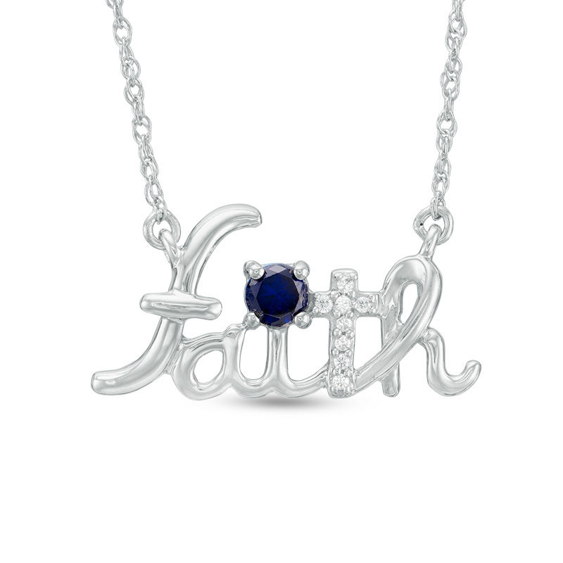 Lab-Created Blue Sapphire and Diamond Accent Cursive "faith" Necklace in Sterling Silver