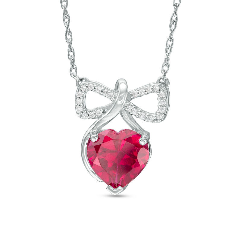 8.0mm Heart-Shaped Lab-Created Ruby and Diamond Accent Bow Necklace in Sterling Silver|Peoples Jewellers