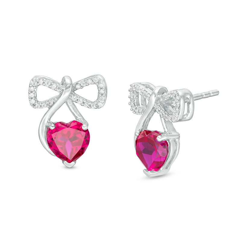 6.0mm Heart-Shaped Lab-Created Ruby and 0.11 CT. T.W. Diamond Bow Drop Earrings in Sterling Silver