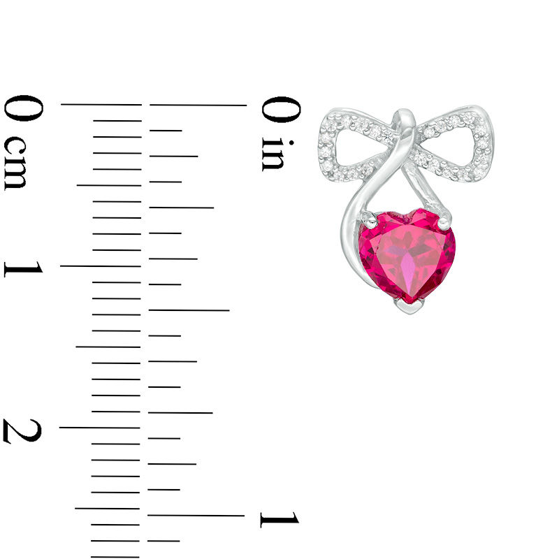 Main Image 2 of 6.0mm Heart-Shaped Lab-Created Ruby and 0.11 CT. T.W. Diamond Bow Drop Earrings in Sterling Silver