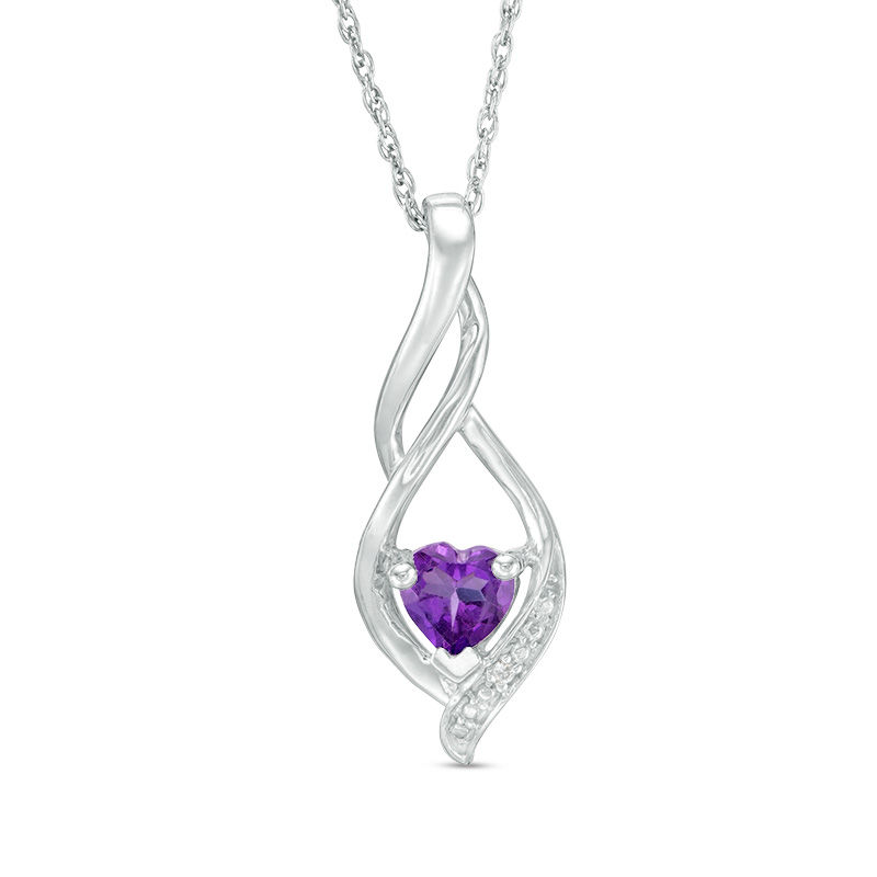 5.0mm Heart-Shaped Amethyst and Diamond Accent Twist Flame Pendant in Sterling Silver
