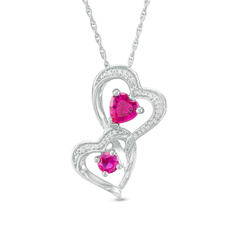 Lab-Created Ruby and Diamond Accent Double Interlocking Hearts Pendant in Sterling Silver