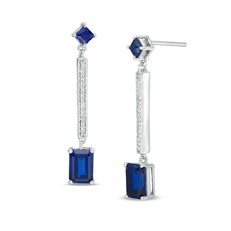 Main Image 1 of Lab-Created Blue Sapphire and 0.09 CT. T.W. Diamond Linear Drop Earrings in Sterling Silver