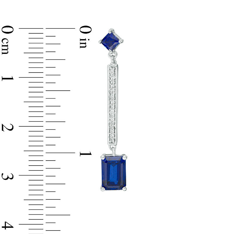 Main Image 2 of Lab-Created Blue Sapphire and 0.09 CT. T.W. Diamond Linear Drop Earrings in Sterling Silver