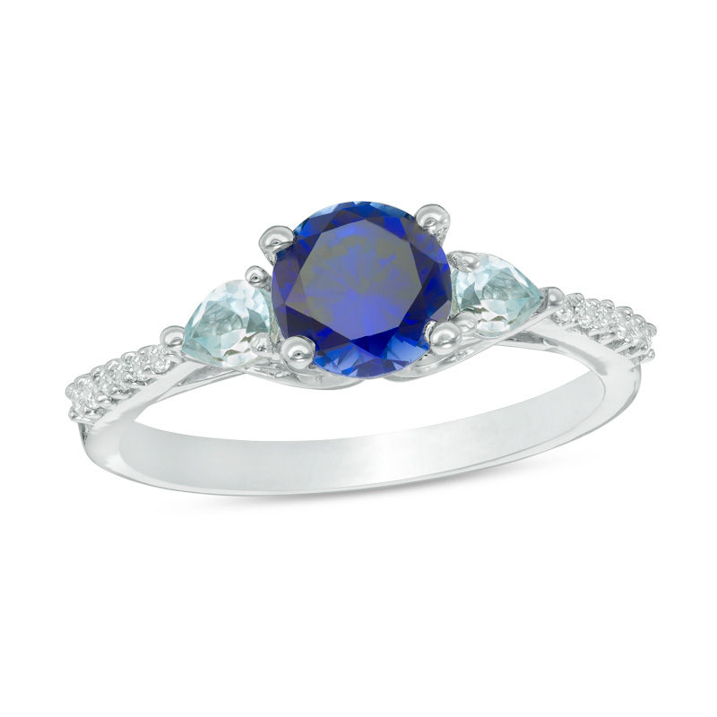6.2mm Lab-Created Blue Sapphire, Aquamarine and Diamond Accent Three Stone Ring in 10K White Gold